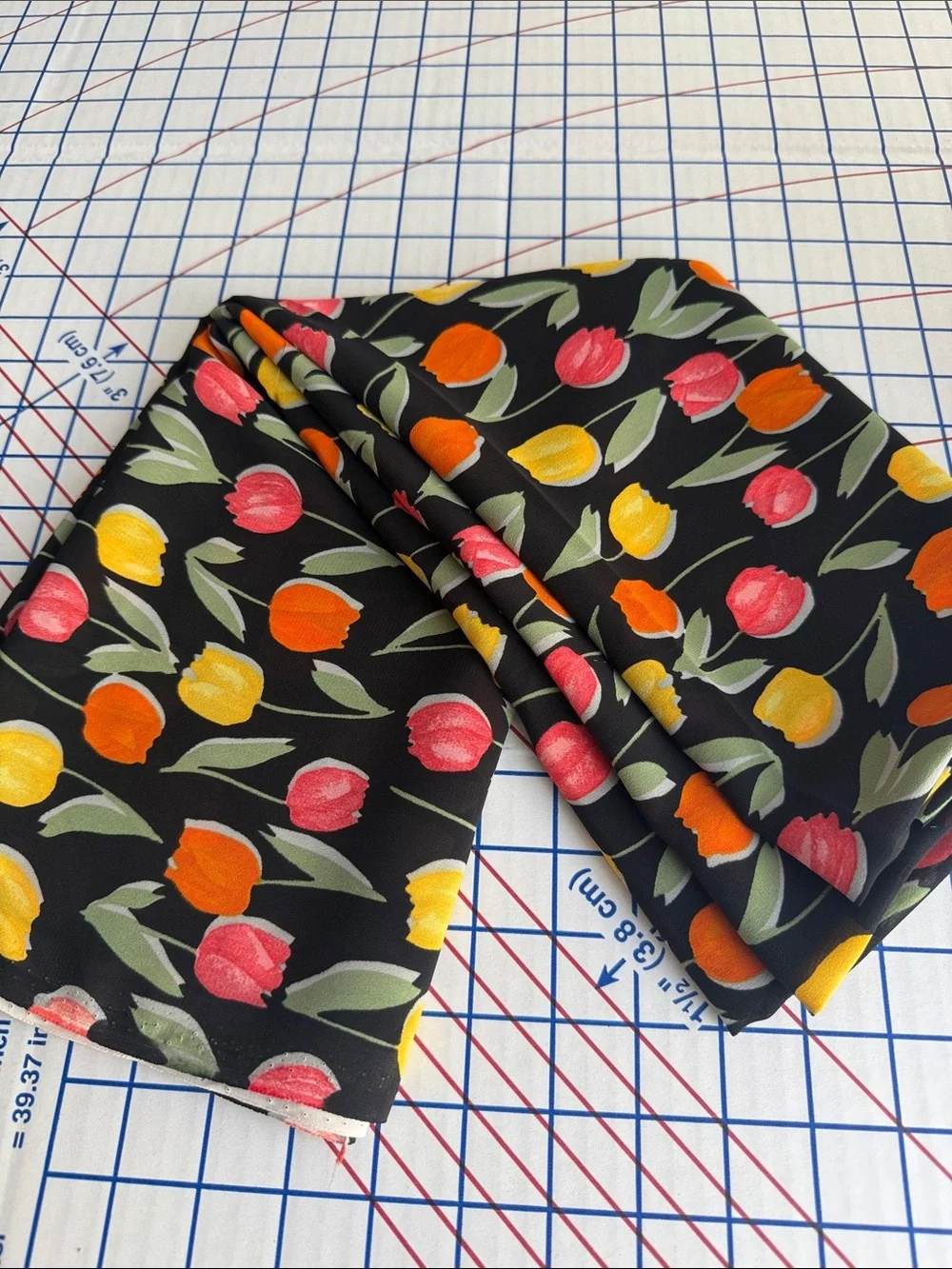 Vintage John Kaldor Fabric 1980s Tulip Floral Black Dress Fabric 3 Yards x 44